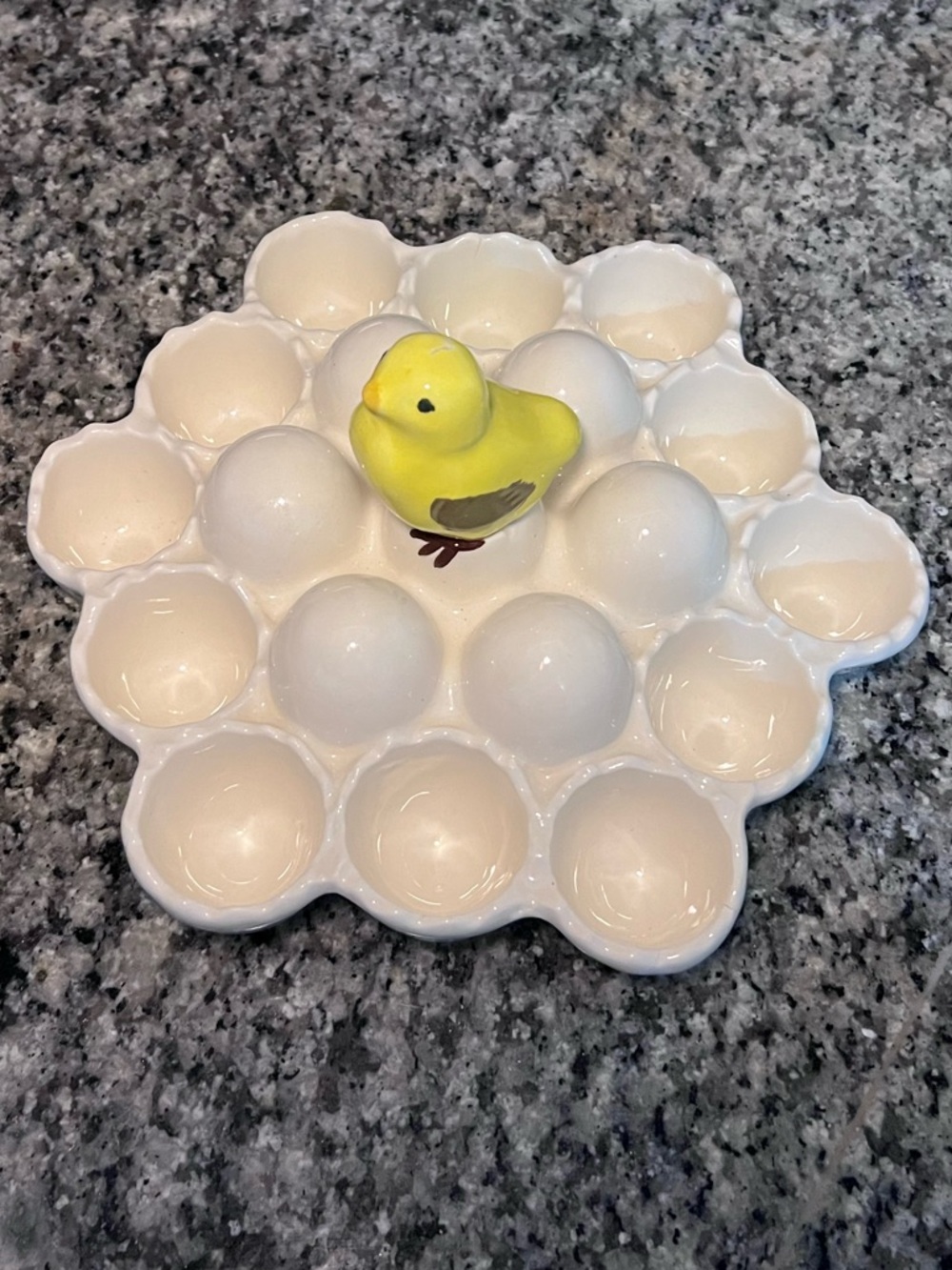 Vintage Ceramic Deviled Egg Tray with Yellow Chick Accent - White